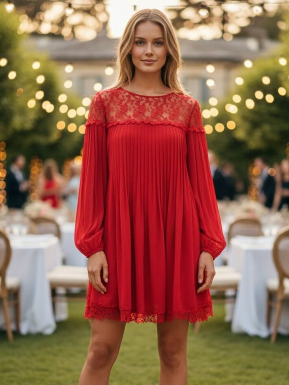 The Kooples Dress Red Pleated Lace Elegant (S)